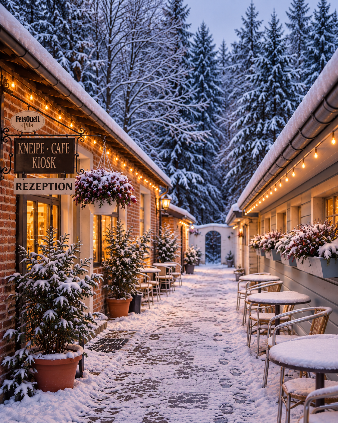 Verschneiter Café-Innenhof im Lichterglanz