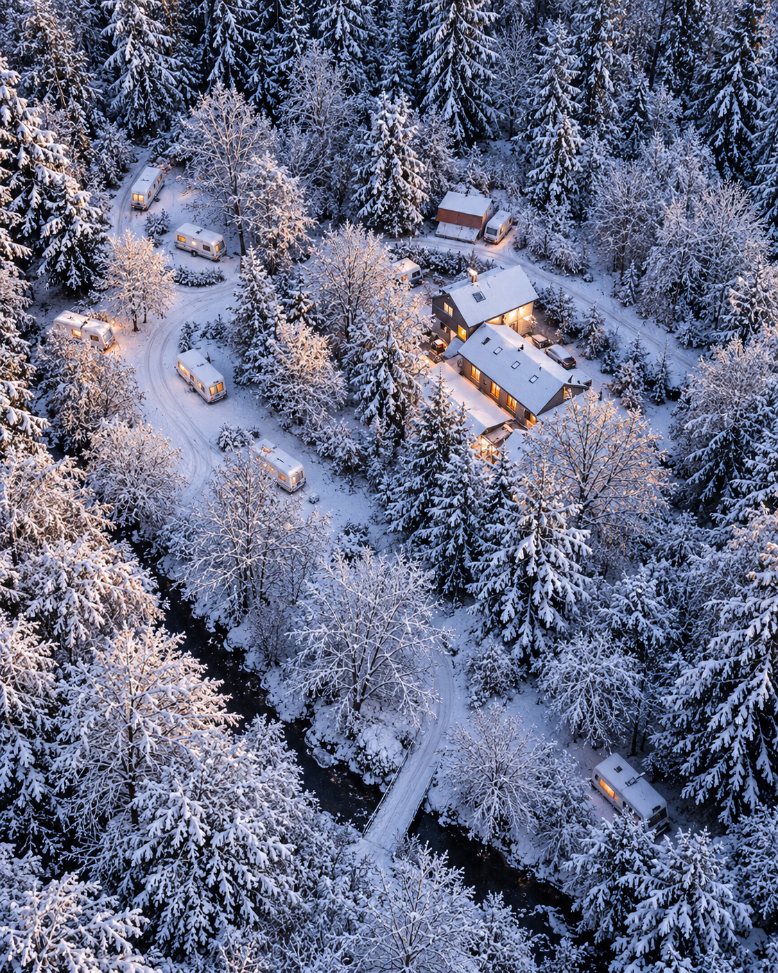Verschneiter Waldcampingplatz bei Dämmerung