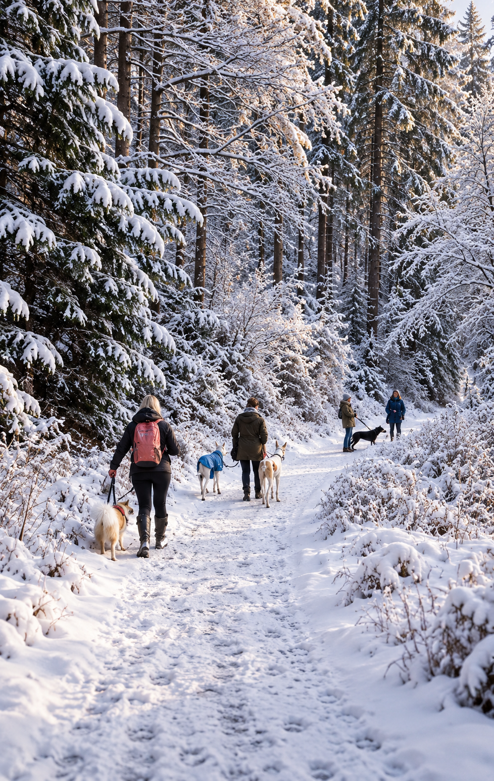 Winterlicher Waldspaziergang mit Hunden