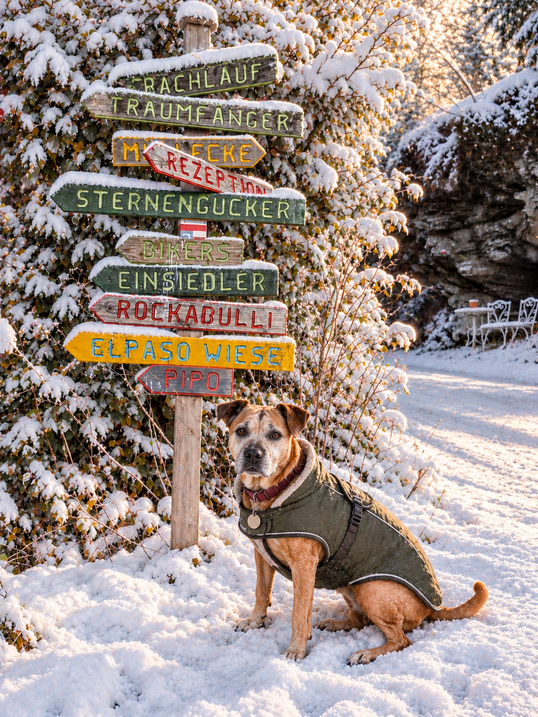 Winterlicher Wegweiser mit Hund